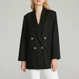 Saks Fifth Avenue Black Double Breasted Oversized Linen Cotton Blazer, size M